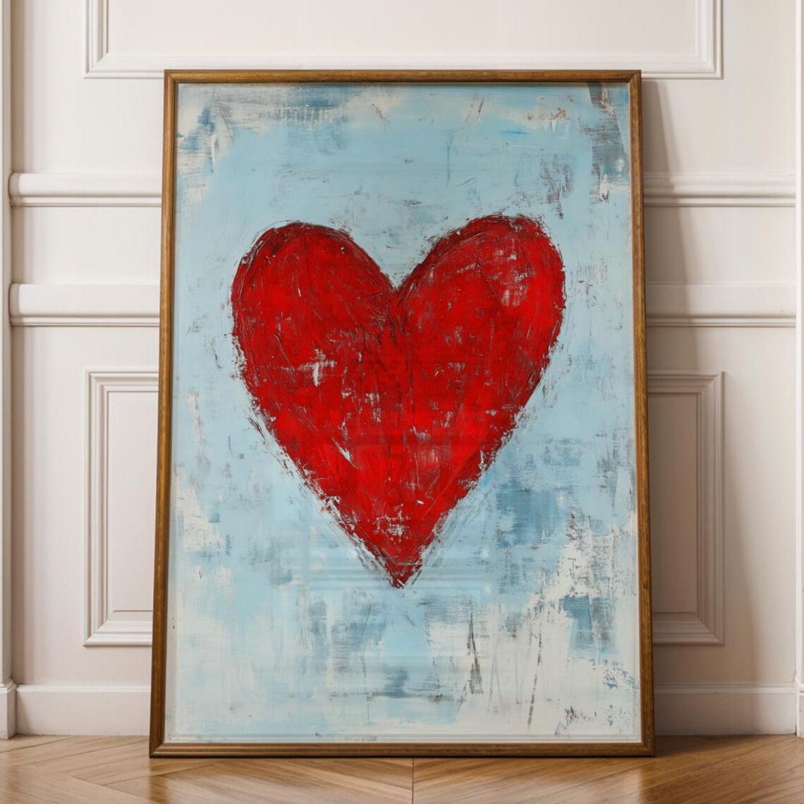 Textured Red Heart on Distressed Blue Impasto Modern Art Poster