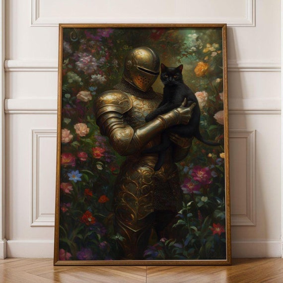 Medieval Knight And Black Cat Painting Fantasy Art Whimsical Decor Maximalist Floral