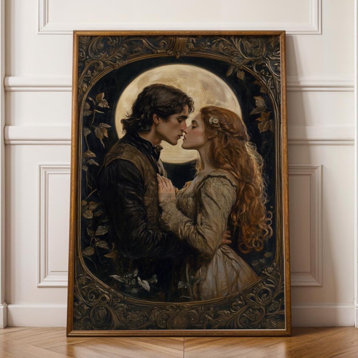 Lovers Kiss Under Full Moon Ornate Vintage Romantic Oil Art Poster