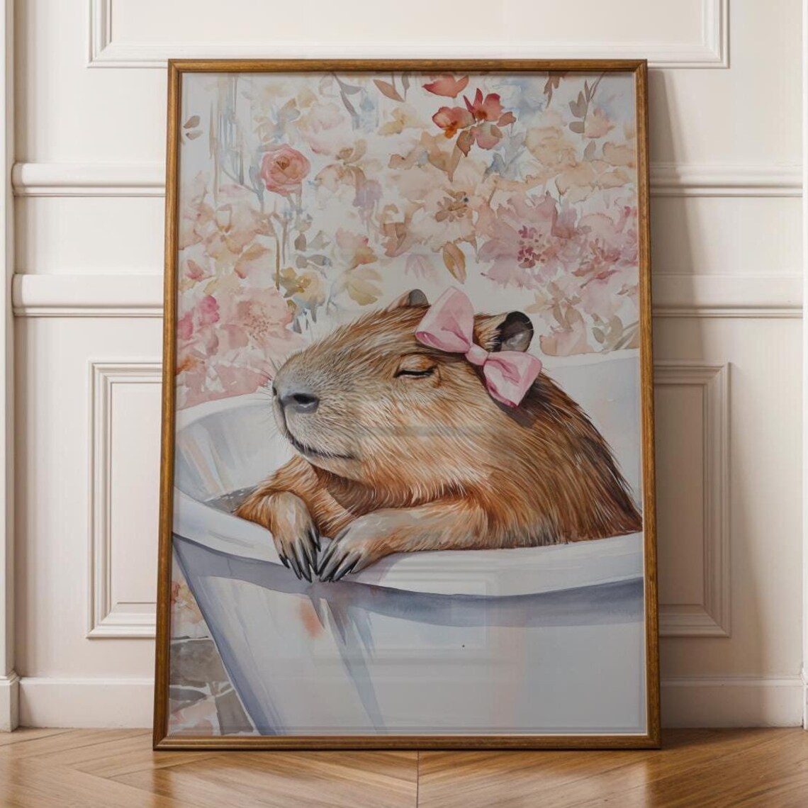 Capybara Relaxing In Bathtub With Pink Bow Cute Watercolor Animal Poster