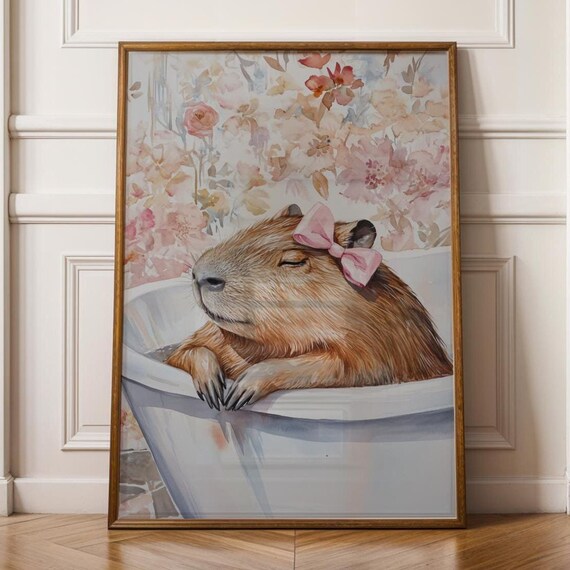 Capybara Relaxing In Bathtub With Pink Bow Cute Watercolor Animal Poster