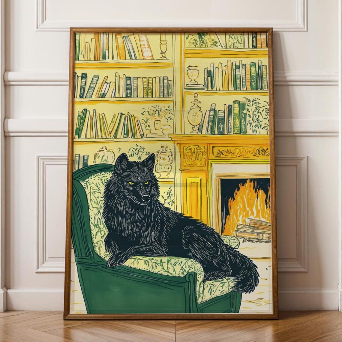 Majestic Black Wolf Wall Art Mystical Decor Dark Fantasy Animal Illustration Academia Home Gothic