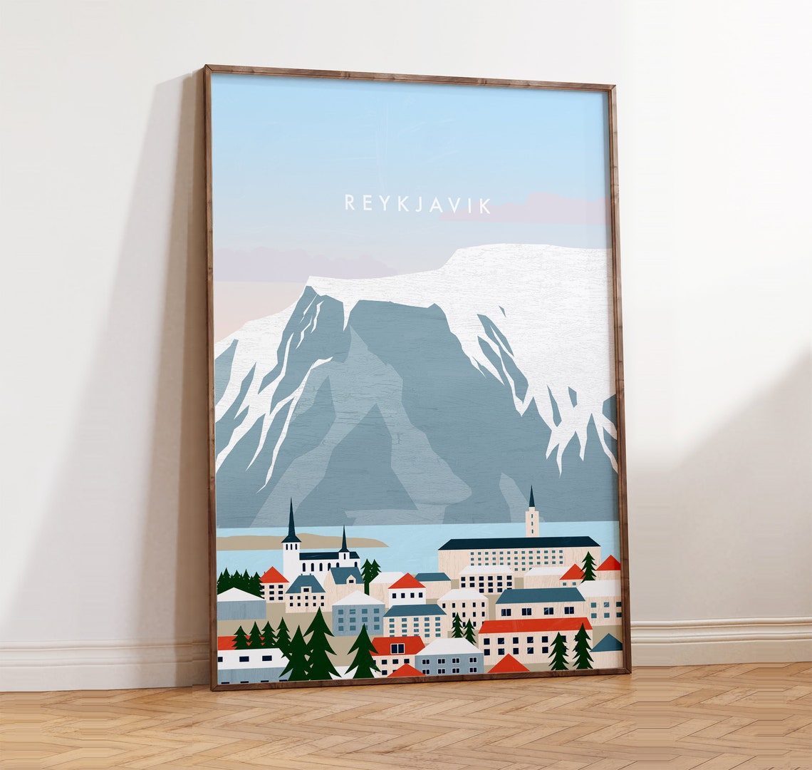 Reykjavik Iceland Snowy Mountain Waterfront Town Winter Poster