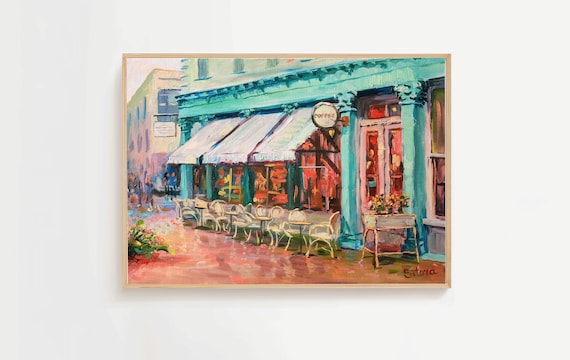 Turquoise Cafe Storefront Street Scene Impressionist Oil Painting Poster