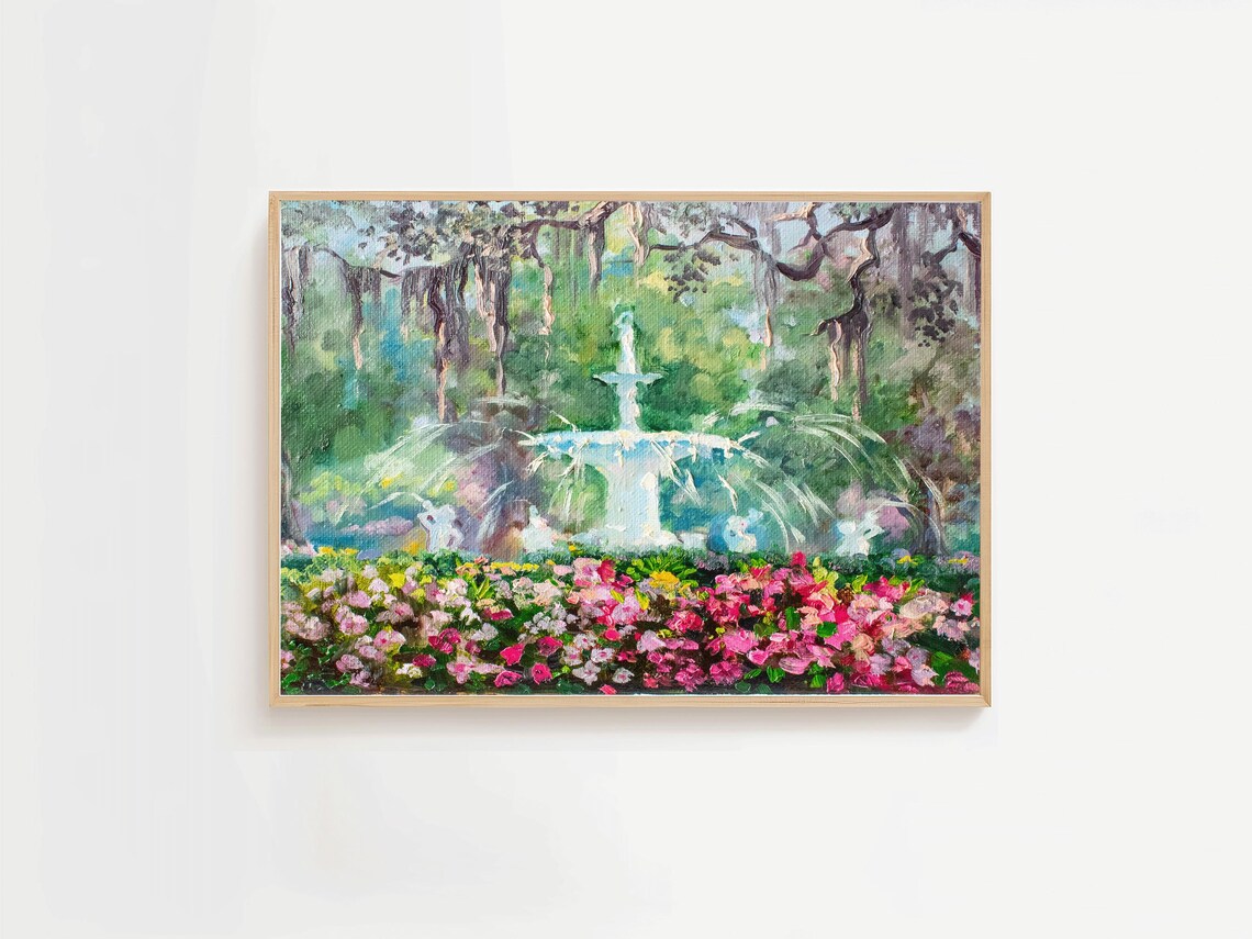 Garden Fountain with Pink Flowers Watercolor Impressionist Art Poster