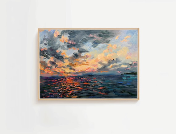 Golden Sunset Ocean Waves Impressionist Seascape Oil Painting Poster