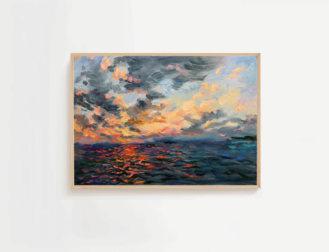 Golden Sunset Ocean Waves Impressionist Seascape Oil Painting Poster