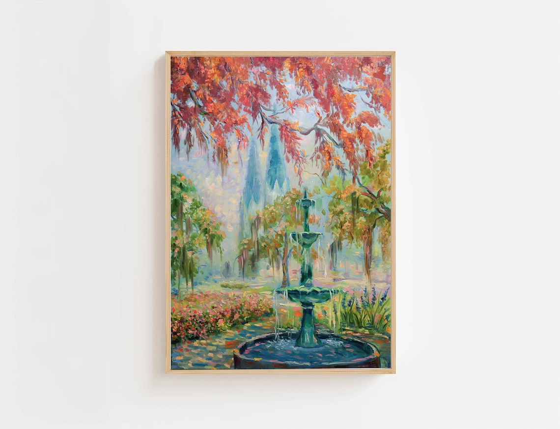 Savannah Cathedral Art Print, Lafayette Square Autumn Landscape