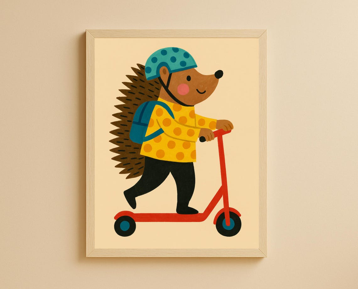 Hedgehog Riding Red Scooter With Helmet Nursery Kids Wall Art