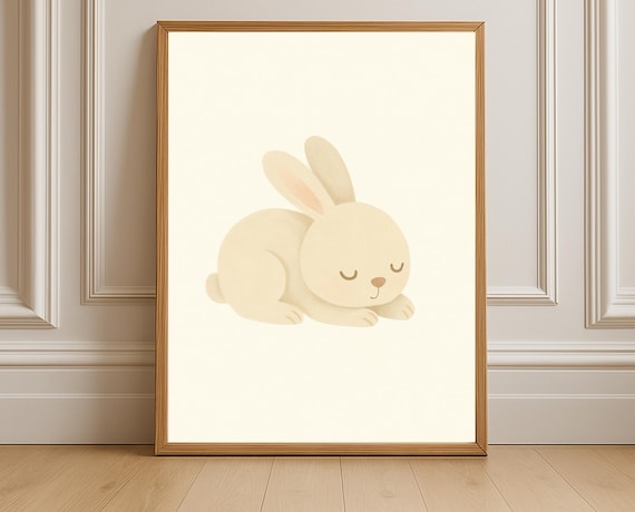 Sleeping Cream Bunny Curled Up Calming Neutral Nursery Poster