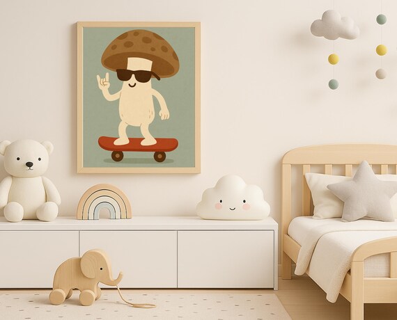 Cool Mushroom Riding Skateboard With Sunglasses Funny Kids Wall Art