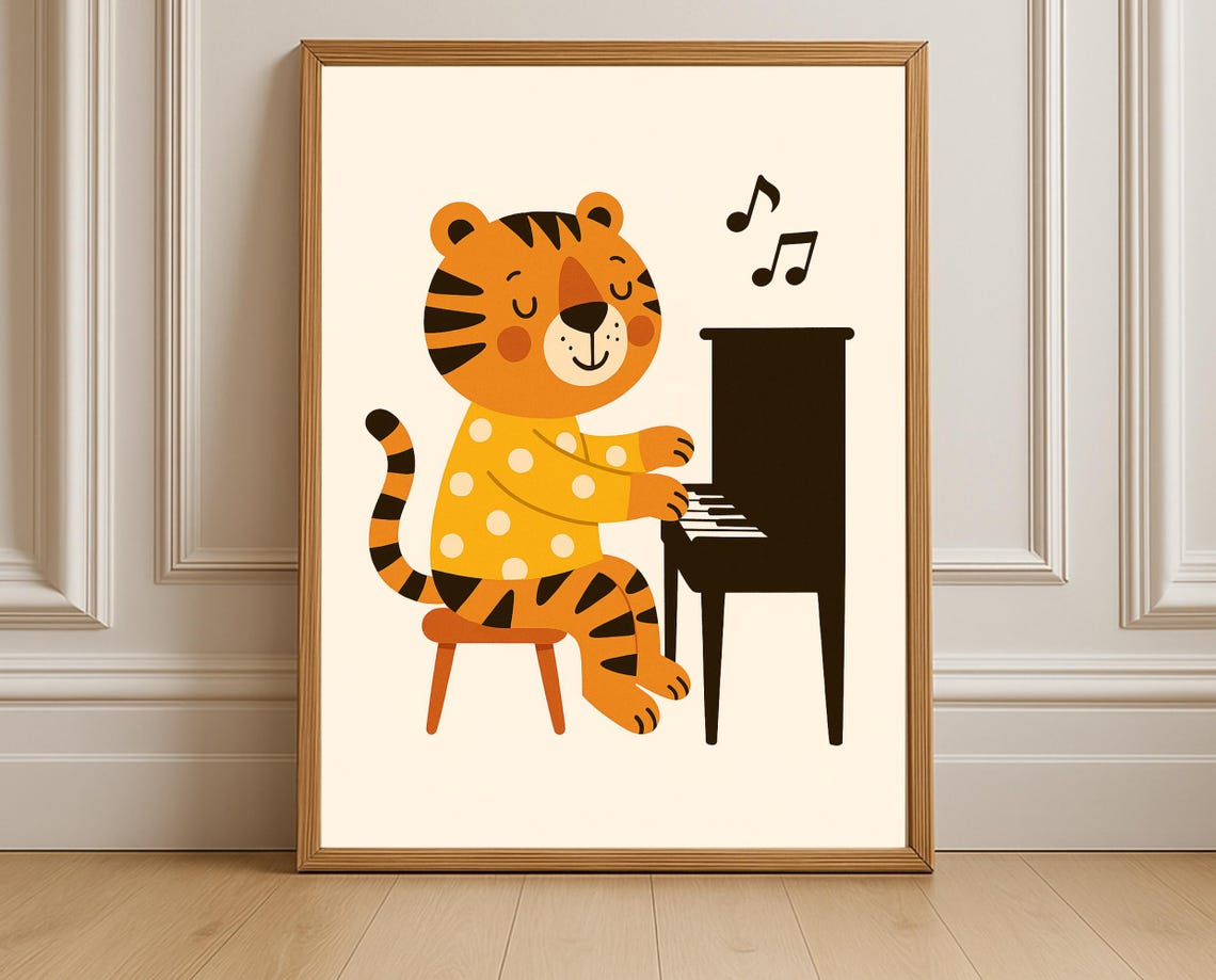 Piano Playing Tiger Poster Polka Dot Pajamas Musical Nursery Decor