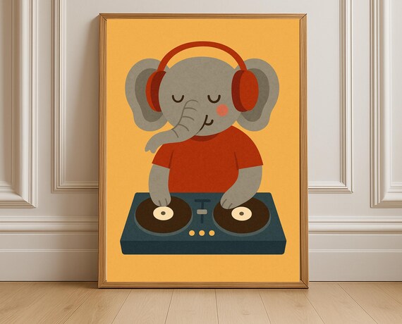 Dj Elephant Nursery Wall Art Print, Modern Kids Decor