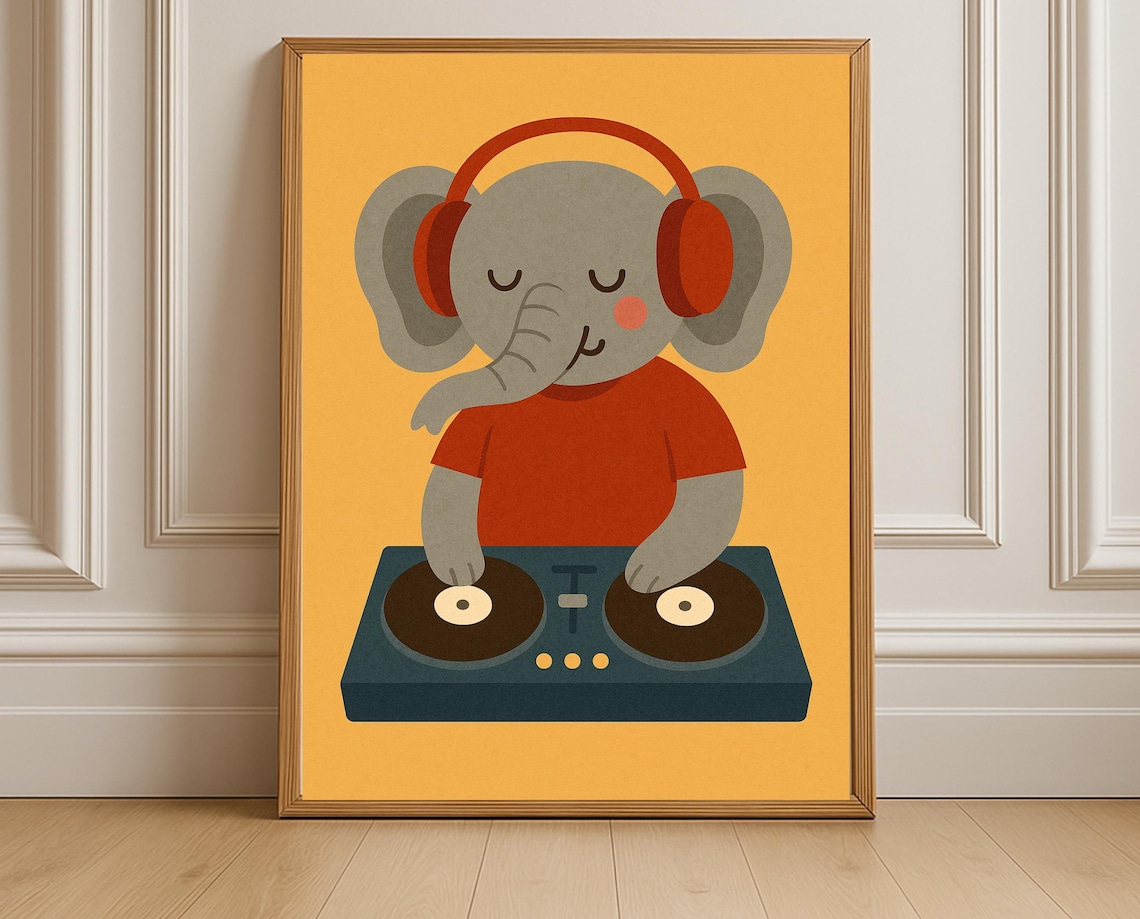 Dj Elephant Nursery Wall Art Print, Modern Kids Decor