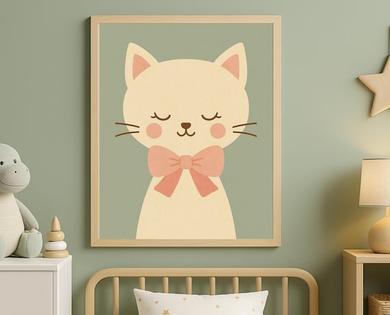 Cute Cat With Pink Bow Sweet Happy Kitty Nursery Baby Room Poster