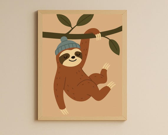 Hanging Sloth Wall Art Cozy Jungle Nursery Print Cute Animal For Kids Room