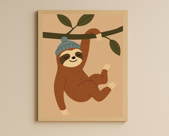 Smiling Sloth Hanging on Branch in Knit Beanie Nursery Poster