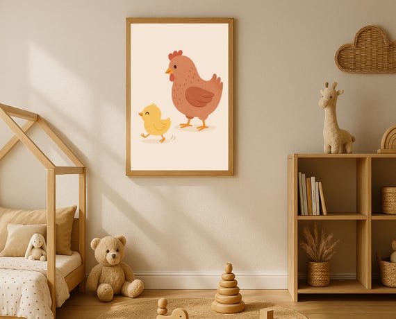 Hen Chick Nursery Print Mother And Baby Chicken Wall Art Farm Animal Kids Room Decor