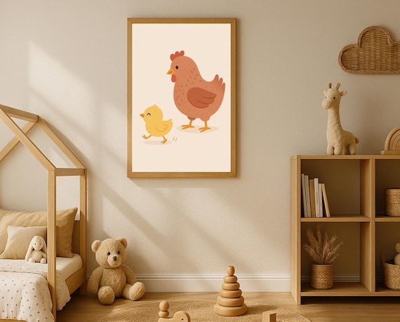 Mother Hen And Baby Chick Farm Animal Nursery Illustration Poster