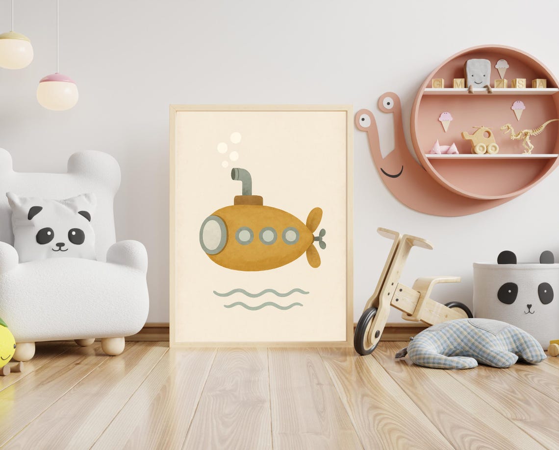Yellow Submarine Nursery Wall Art Underwater Kids Room Poster Nautical Ocean Themed