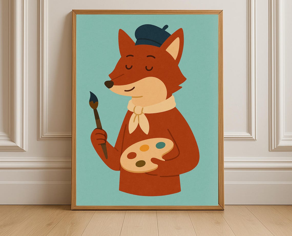 Artist Fox Nursery Wall Art Painter Kids Room Decor Instant Animal Themed