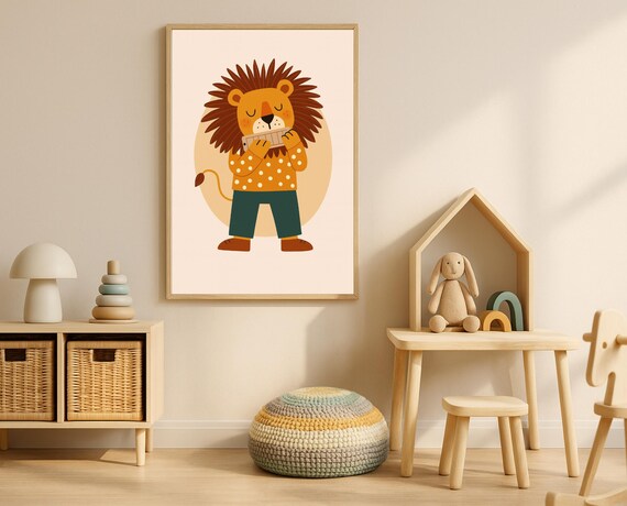 Lion Musician Playing Harmonica In Polka Dot Shirt Kids Poster