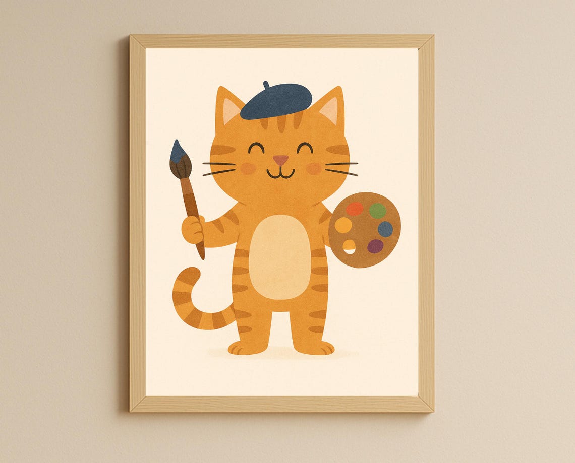 Painter Cat Poster Beret Palette Brush Artistic Animal Kids Decor Art
