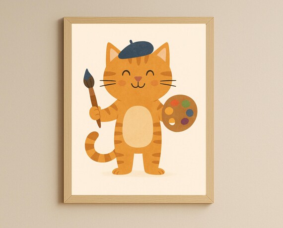 Painter Cat Poster Beret Palette Brush Artistic Animal Kids Decor Art