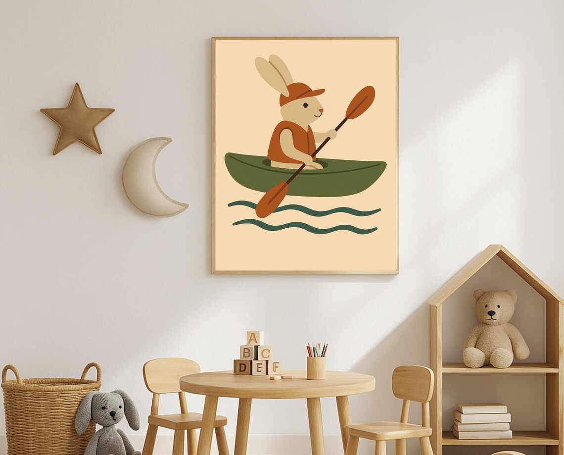Bunny Paddling Green Canoe on Waves Cute Nursery Animal Poster