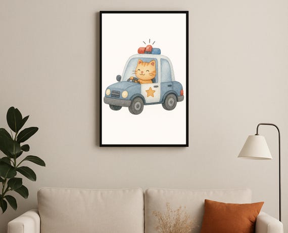 Cat In Police Car Transportation Nursery Wall Art Kids Room Decor