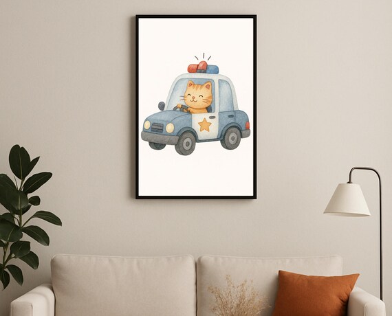 Cute Cat Driving Police Car Vehicle Nursery Room Decor Poster