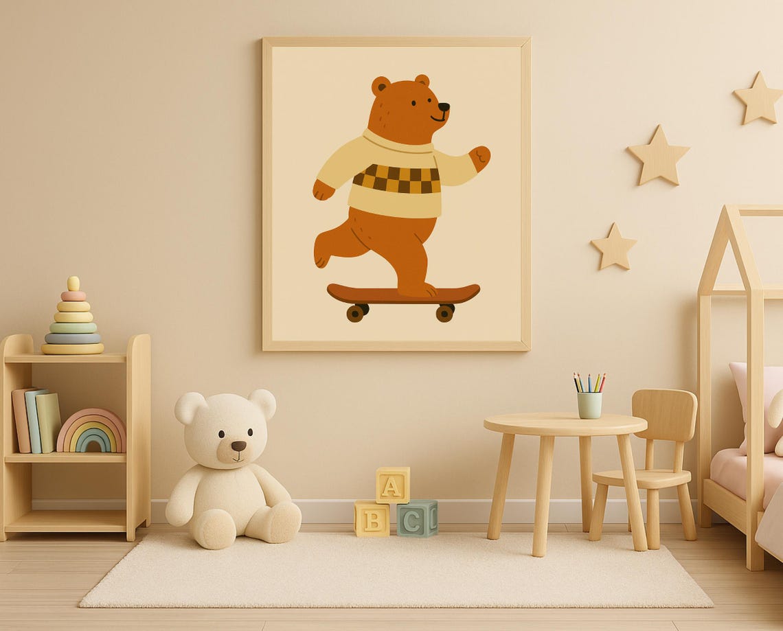 Skateboarding Bear Wall Art Cute Animal Poster For Kids Room Nursery Decor Hobby Series