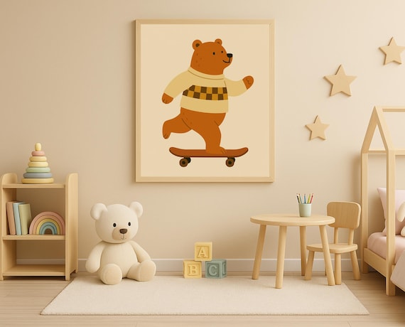 Brown Bear Riding Skateboard in Checkered Sweater Kids Poster