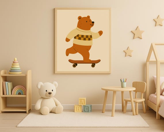 Skateboarding Bear Wall Art Cute Animal Poster For Kids Room Nursery Decor Hobby Series