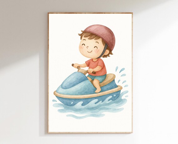 Happy Boy Riding Bumper Boat Watercolor Poster for Kids Room Decor