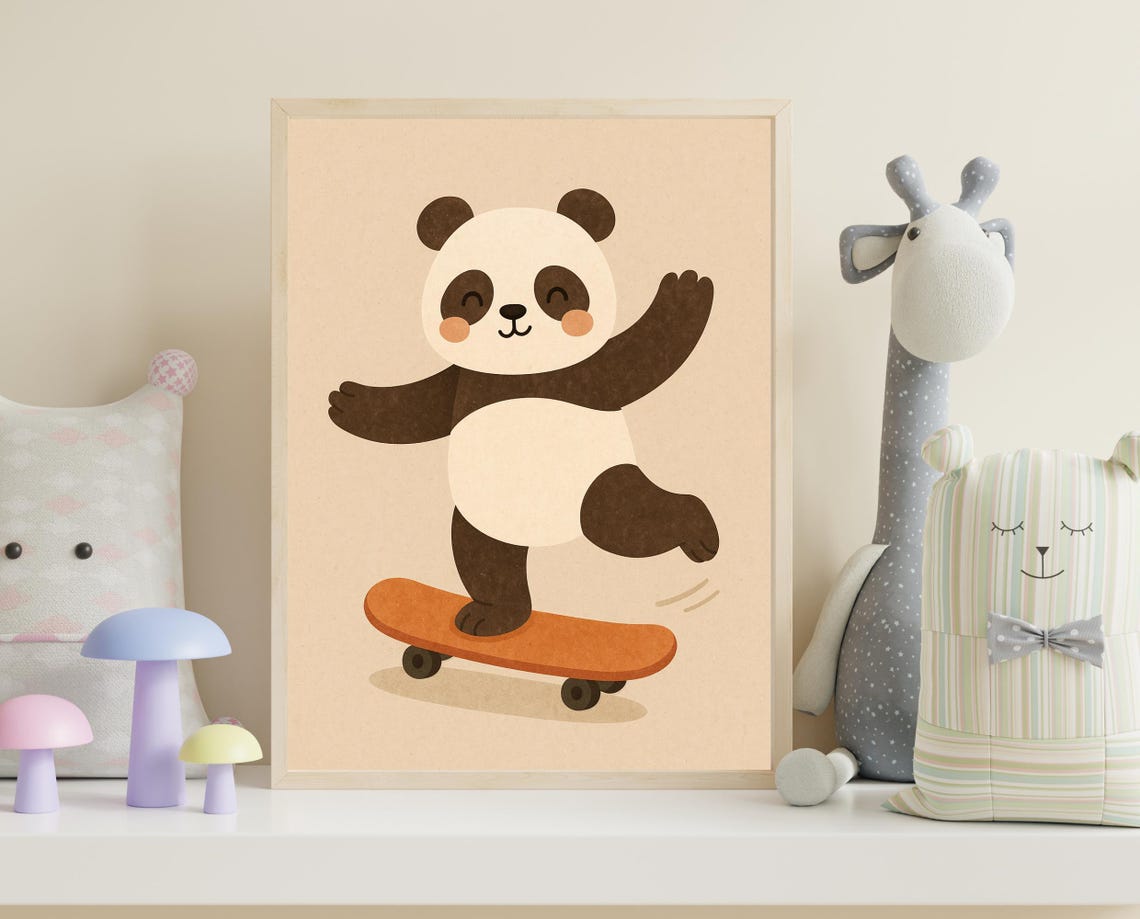 Skateboarding Panda Wall Art Cute Animal Nursery Print For Kids Room Decor Hobby Series