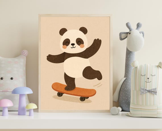 Skateboarding Panda Wall Art Cute Animal Nursery Print For Kids Room Decor Hobby Series