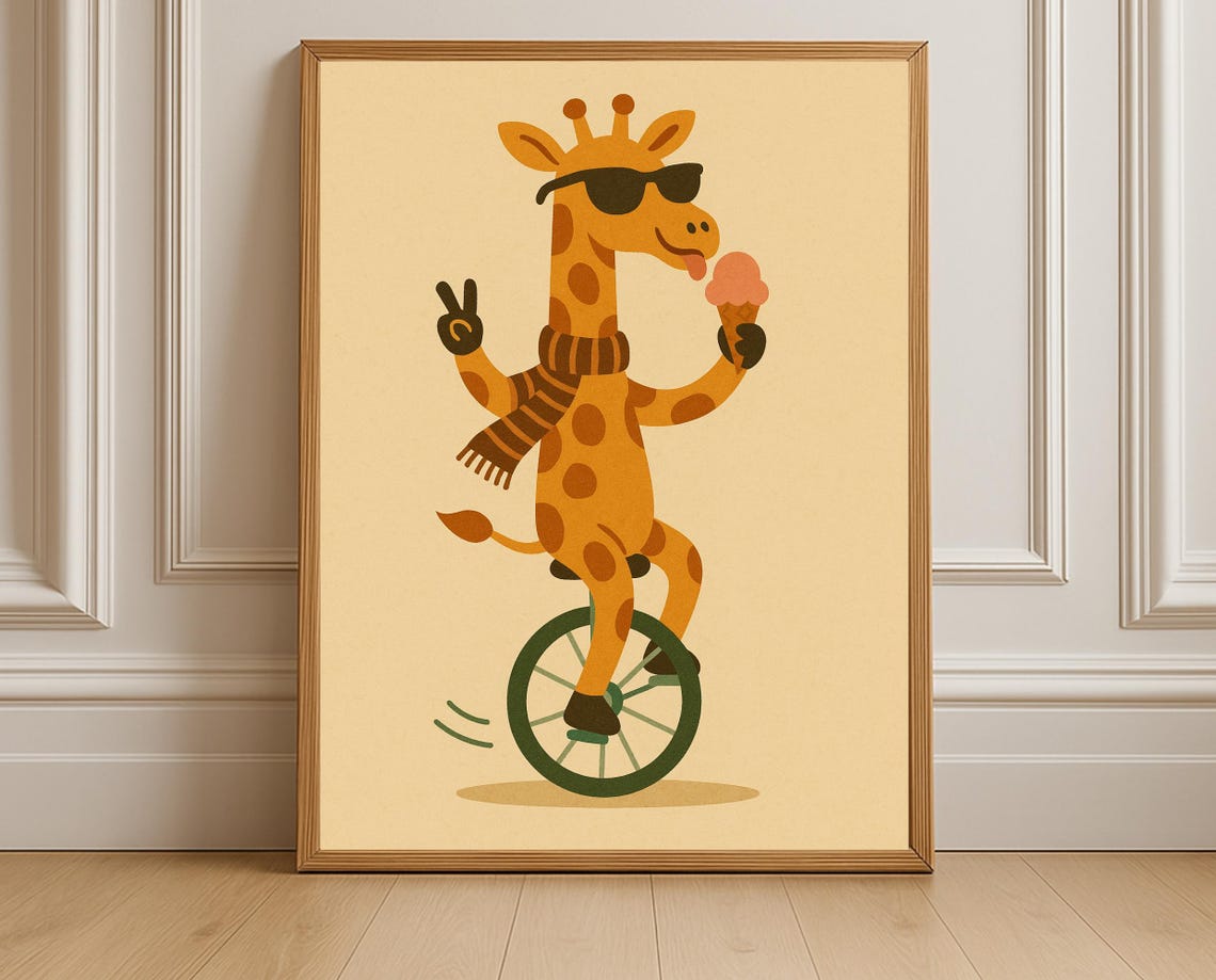 Unicycling Giraffe Circus Nursery Wall Art Animal Kids Room Decor Instant