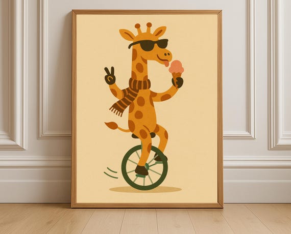 Unicycling Giraffe Circus Nursery Wall Art Animal Kids Room Decor Instant