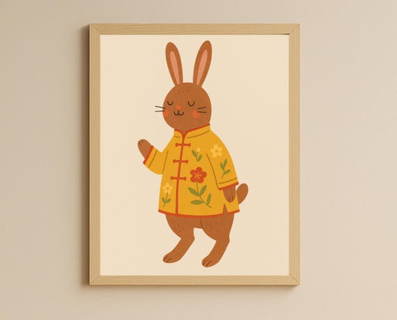 Traditional Bunny Wall Art Asian Inspired Nursery Animal Decor Rabbit Kids Room