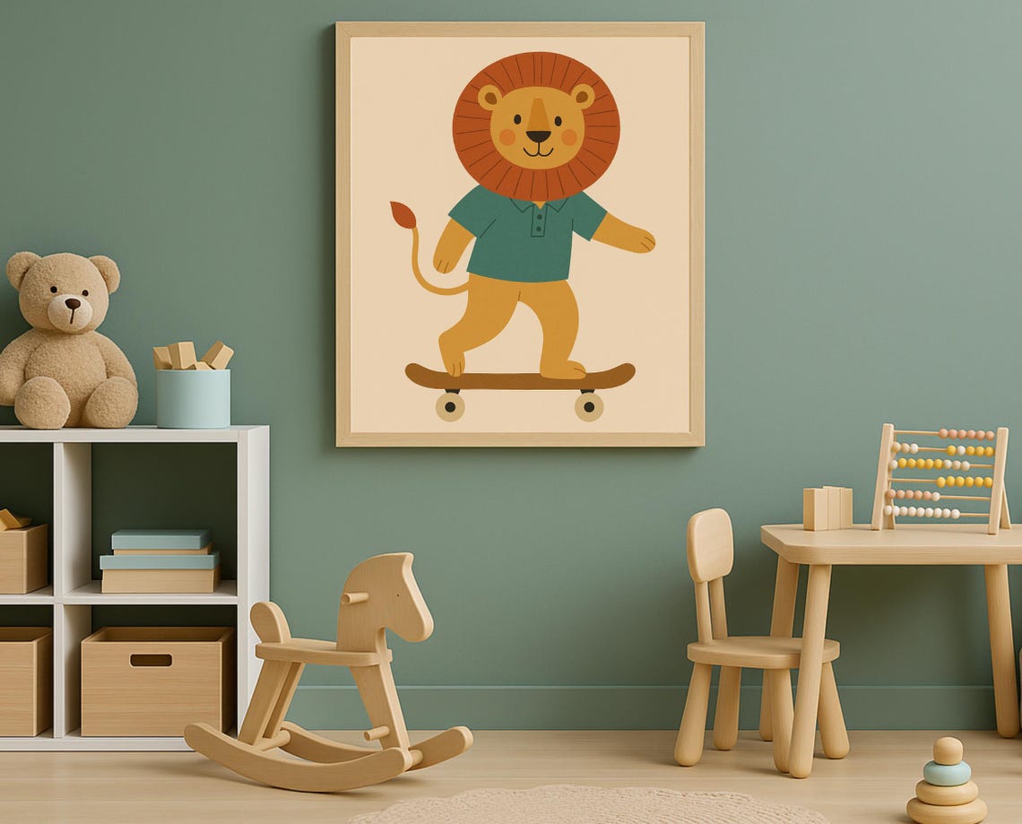 Skateboarding Lion Wall Art Hobby Animal Nursery Print For Kids Room Decor Skateboard