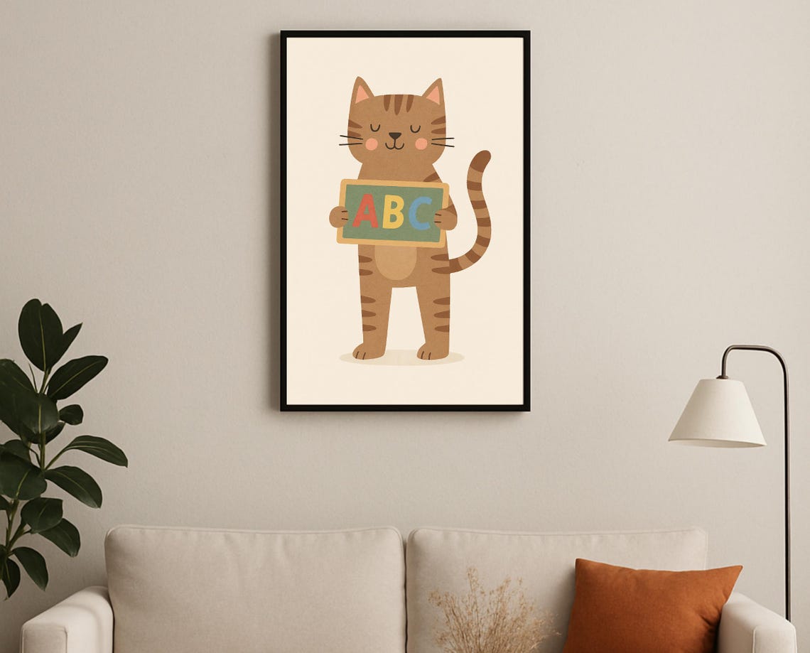 Tabby Cat Holding ABC Chalkboard Classroom Learning Wall Poster