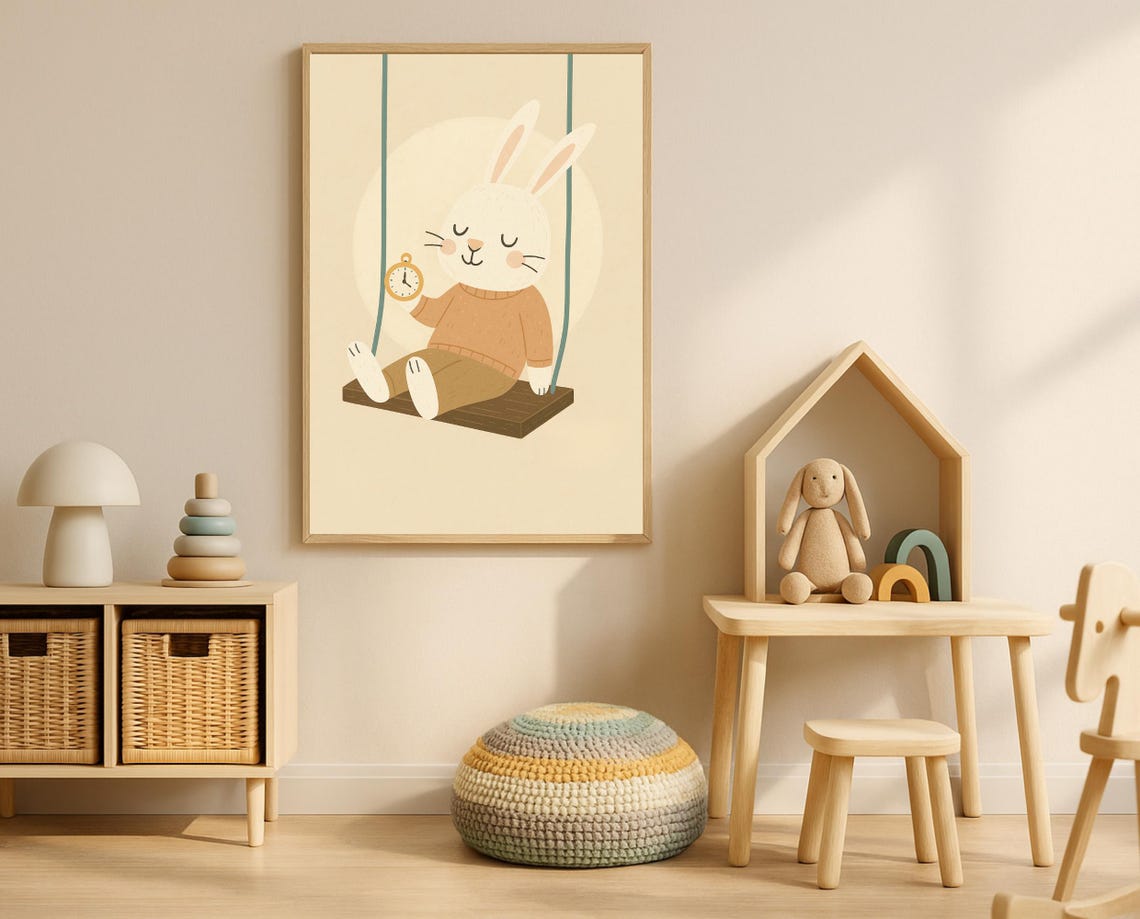 Swinging Bunny Wall Art Calm Rabbit Nursery Timeless Animal Decor For Kids