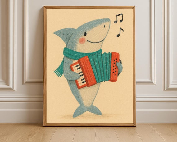 Happy Shark Playing Accordion Ocean Music Nursery Poster Crayon Art