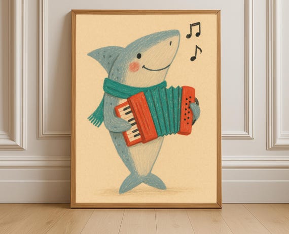 Playing Accordion Nursery Print Ocean Animal Wall Art Music Kids Room Decor Instant