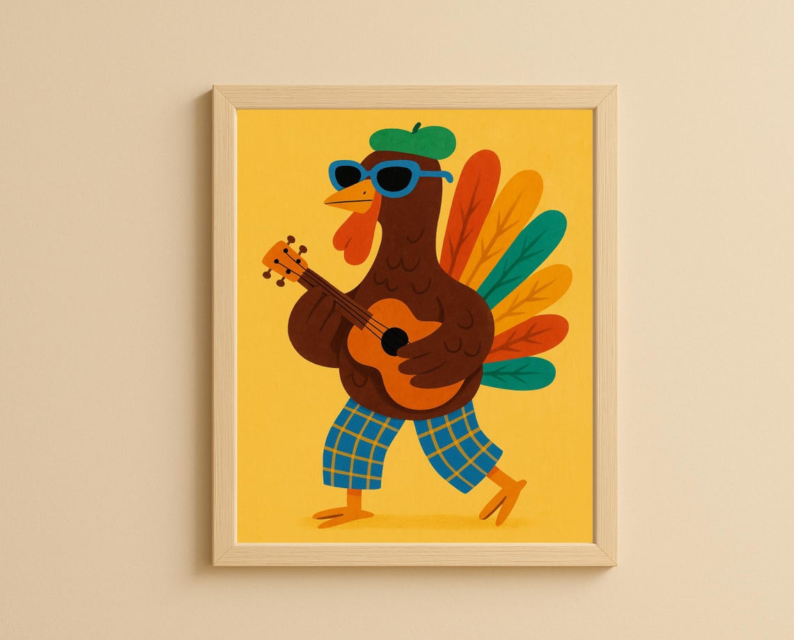 Turkey Playing Ukulele With Sunglasses Fun Musical Nursery Wall Art