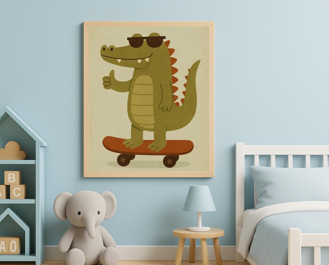 Cool Crocodile On Skateboard Nursery Wall Art Hobby Animal Series