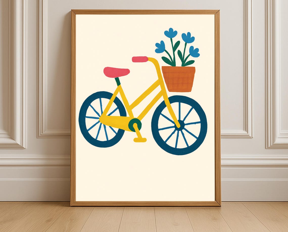 Yellow Bicycle Poster Kids Nursery Bike Flower Basket Wall Decor