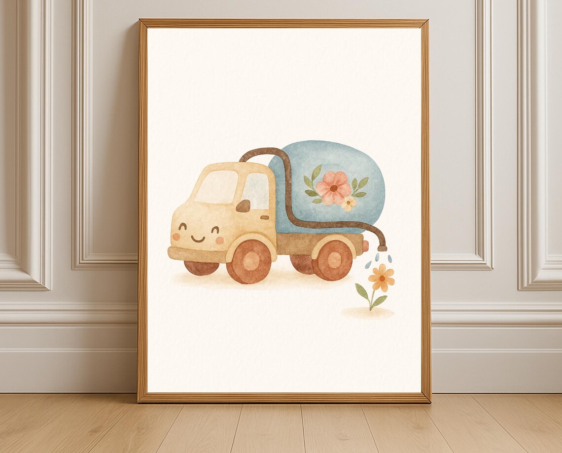 Watering Truck Wall Art Watercolor Nursery Print With Floral Tank Cute Garden Vehicle Poster For Kids Room