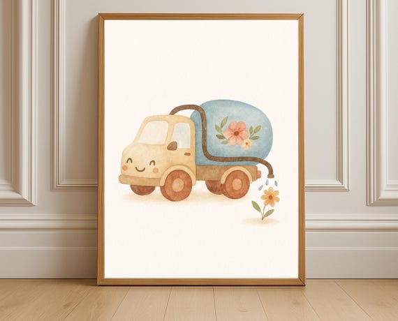 Watering Truck Wall Art Watercolor Nursery Print With Floral Tank Cute Garden Vehicle Poster For Kids Room